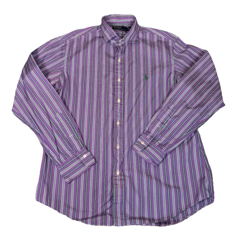 Polo Ralph Lauren Shirt Mens Size Large‎ Purple Green Striped Green Logo Preppy